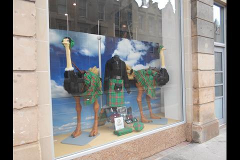 The pair of tartan-clad ostriches in the window are intended to make a connection between the far-flung countries taking part in the Commonwealth Games and the nature of the products stocked.